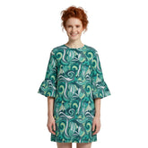 Blissfully Brand Mimas Print 3/4 Bell Sleeve Loose Mini Dress in teal and lime green psychedelic swirl — bold made-to-order fashion for women