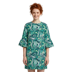 Blissfully Brand Mimas Print 3/4 Bell Sleeve Loose Mini Dress in teal and lime green psychedelic swirl — bold made-to-order fashion for women