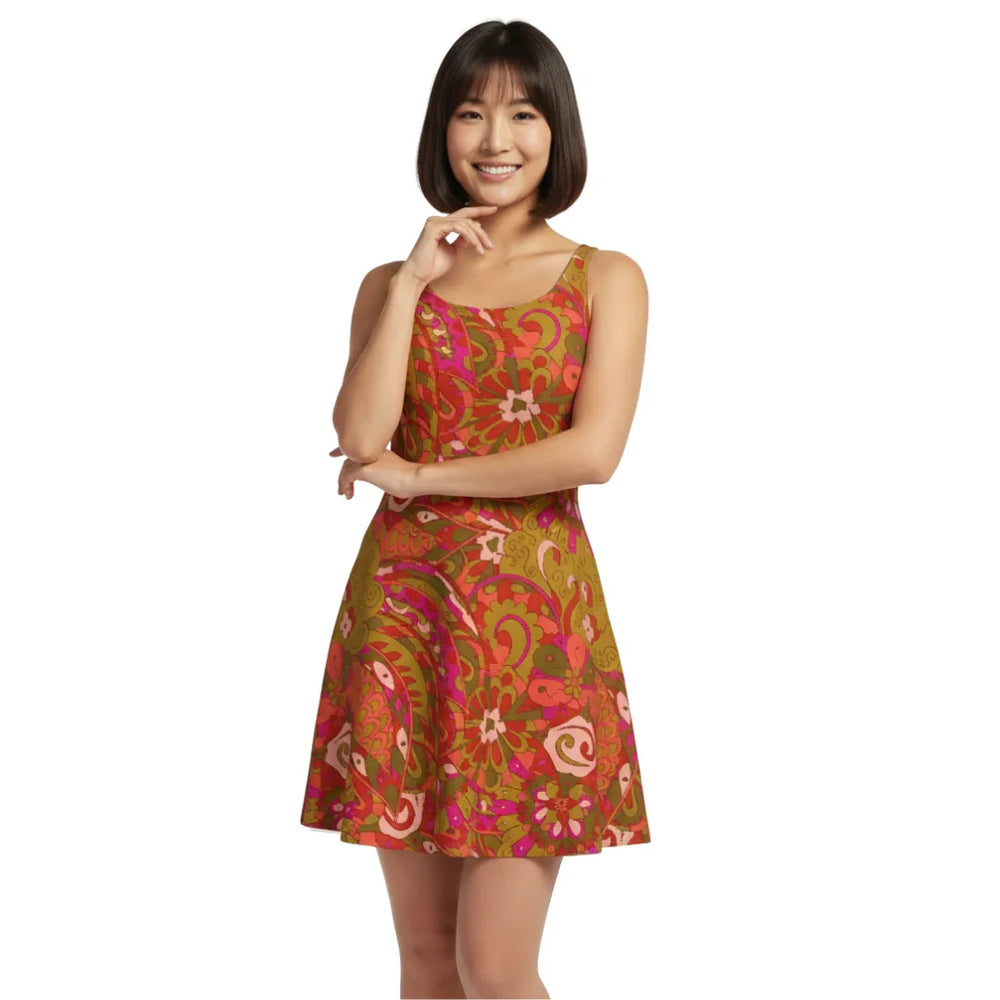 vibrant Mina print fit and flare dress in olive green and pink psychedelic pattern, made with eco-friendly performance fabric - Blissfully Brand