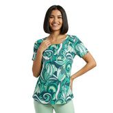 Mima Tropical Floral Flowy Teal Green Scoop Neck - Pleated Tunic Top - Retro Chic - Blissfully Brand