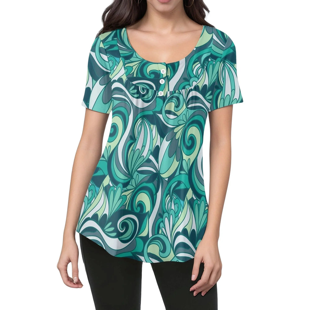 Mima Tropical Floral Flowy Teal Green Scoop Neck - Pleated Tunic Top - Retro Chic - Blissfully Brand