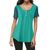 Women's Green Teal Button-Detail Scoop Neck Blouse - Flattering Gathered Color Block Top for Casual wear - Blissfully Brand