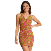 Mina halter drop neck backless mini dress with retro psychedelic paisley print in pink, orange, and green - Blissfully Brand bodycon dress