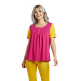 Flight 929 Pink Yellow Scoop Neck Contrast Relaxed Babydoll Top Plus Sizes- Bold Vibrant Airline Series