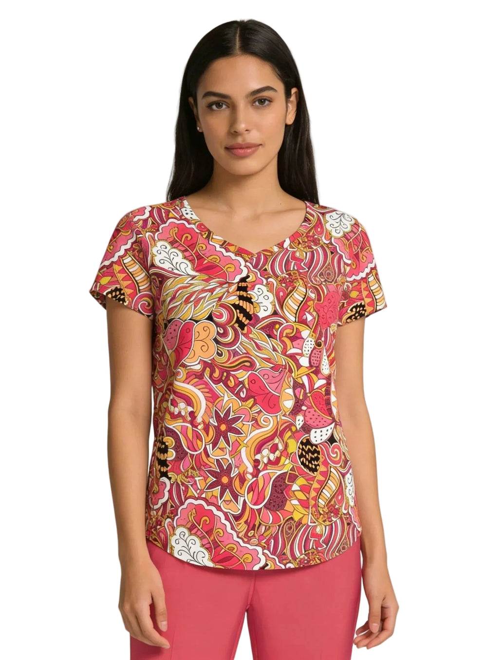 Nami print V-neck tee in warm red, peach, pink and olive paisley maximalist print — Blissfully Brand Profonde Collection, handmade Montreal, relaxed fit with rounded hem