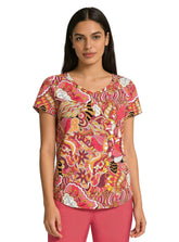 Nami print V-neck tee in warm red, peach, pink and olive paisley maximalist print — Blissfully Brand Profonde Collection, handmade Montreal, relaxed fit with rounded hem
