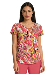 Nami print V-neck tee in warm red, peach, pink and olive paisley maximalist print — Blissfully Brand Profonde Collection, handmade Montreal, relaxed fit with rounded hem
