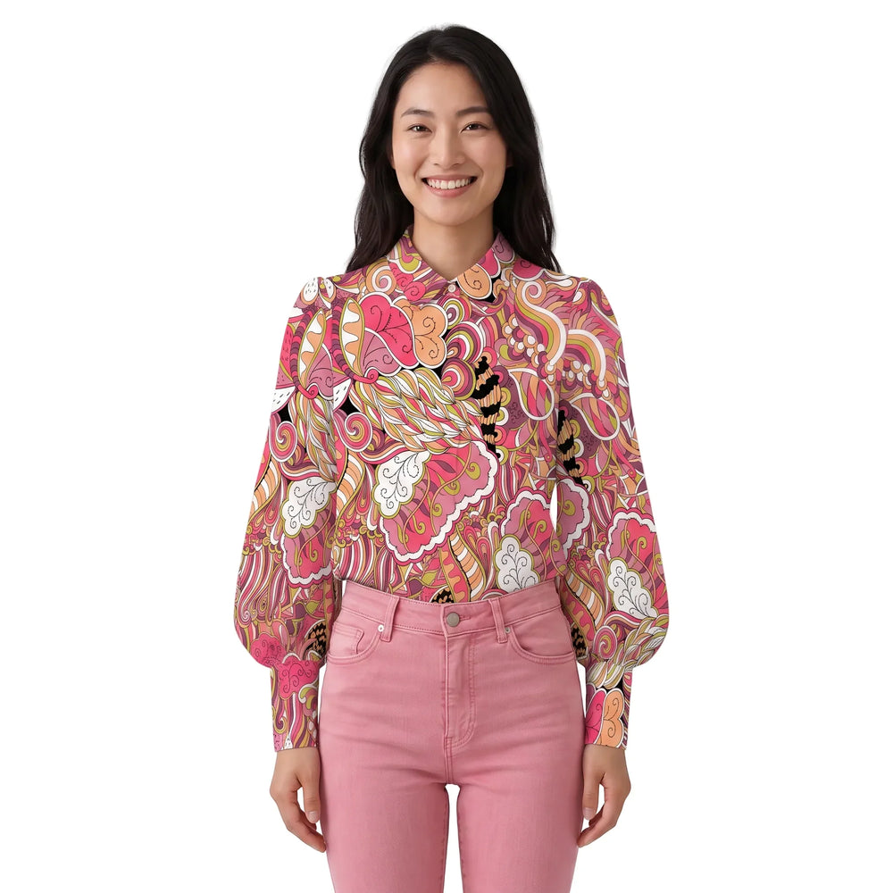 Woman wearing Nami print button down puff sleeve blouse with pink paisley pattern and pink denim, Blissfully Brand made-to-order top