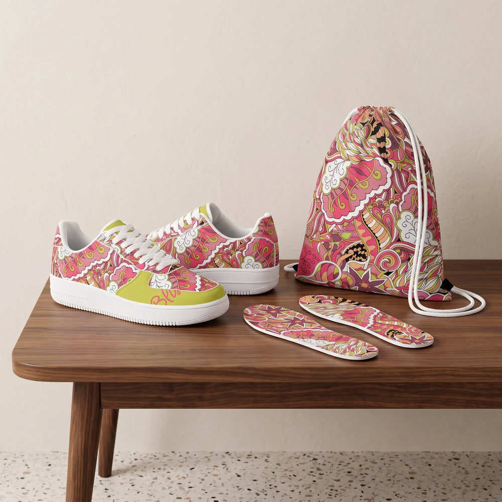 Nami Psychedelic print low top sneakers in Wattle Green with matching drawstring bag and print insoles, Blissfully Brand.