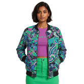 Nela Retro Print Flexe Denim Bomber Jacket with Black ribbed cuffs and stretch denim, paired with Spring Green mini skirt and Mulberry Violet crop tee