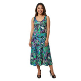 Nela Print Midi Tank Dress with low open back and black trim — vibrant Spring Green, Mulberry Violet and Outer Space Blue psychedelic print — London Bliss Collection, BlissfullyBrand.com