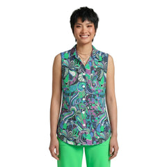 Blissfully Brand Nela Print Button Down Sleeveless Top in navy blue, emerald green, purple and cobalt psychedelic botanical print paired with Spring Green flared pants — London Bliss Collection, made to order