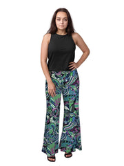 Nela Print Palazzo Pants in vibrant green, blue, and purple abstract patterns in a retro psychedelic vibe - 70's style swirls - wide leg trousers - Profonde by Blissfully Brand