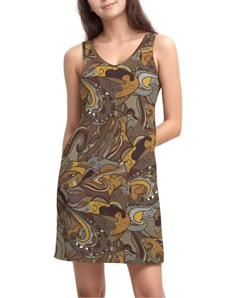 Rib-knit mini dress with retro Ondas wave pattern in earthy tones - Blissfully Brand