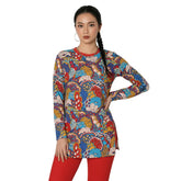 Opula 2-piece set with psychedelic pattern tunic and Alizarin Crimson red leggings – bohemian fashion ensemble - Blissfully Brand