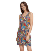 Opula V-Neck Mini Dress - Psychedelic Floral Paisley Print Flower Power Tank Style Ribbed Knit Lightweight Vibrant Bold Retro Funky - Blissfully Brand