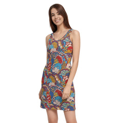 Opula V-Neck Mini Dress - Psychedelic Floral Paisley Print Flower Power Tank Style Ribbed Knit Lightweight Vibrant Bold Retro Funky - Blissfully Brand