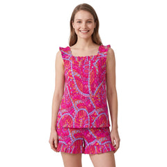 Woman wearing hot pink and orange Palai print ruffle cami top and matching drawstring shorts lounge set by Blissfully Brand