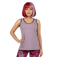 Pena Women's solid scoop neck tank top in Violet Bouquet lavender color, paired with patterned leggings for a stylish, coordinated look. - Blissfully Brand