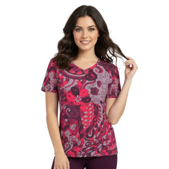 Pena Tee – Women’s V‑Neck Psychedelic Paisley Print, Burgundy/Fuchsia - Retro Floral - Blissfully Brand