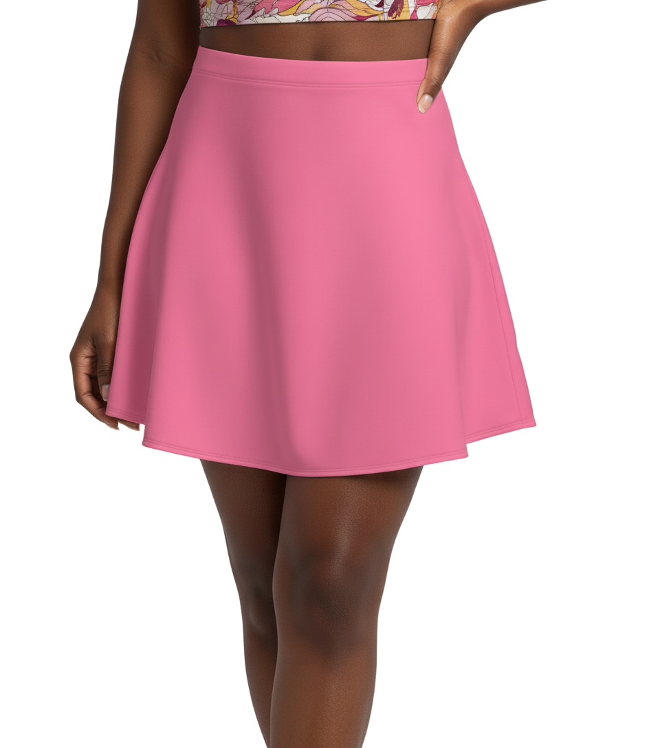 Perl Froly Pink high‑waisted flare mini skirt in Luxeform Performance Knit - Vibrant Bold Color Pop - Blissfully Brand