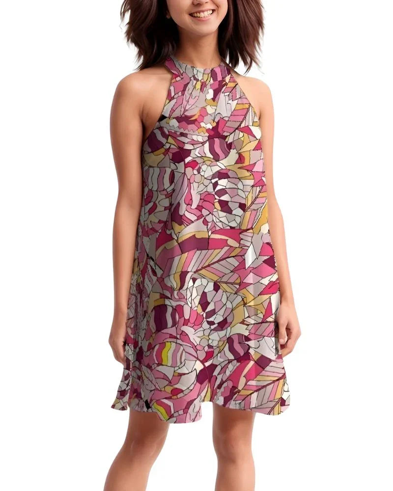 Perl Halter Flare Dress Geometric Pink Dress - Blissfully Brand