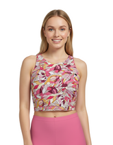 Perl print athletic crop top made from Luxeform Performance Knit fabric, paired with matching pink pants - Geometric Florals - Blissfully Brand