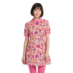 Woman wearing pink Perl print Peter Pan collar mini dress with Froly Pink collar, cuffs, tights, in a retro vintage cute look.