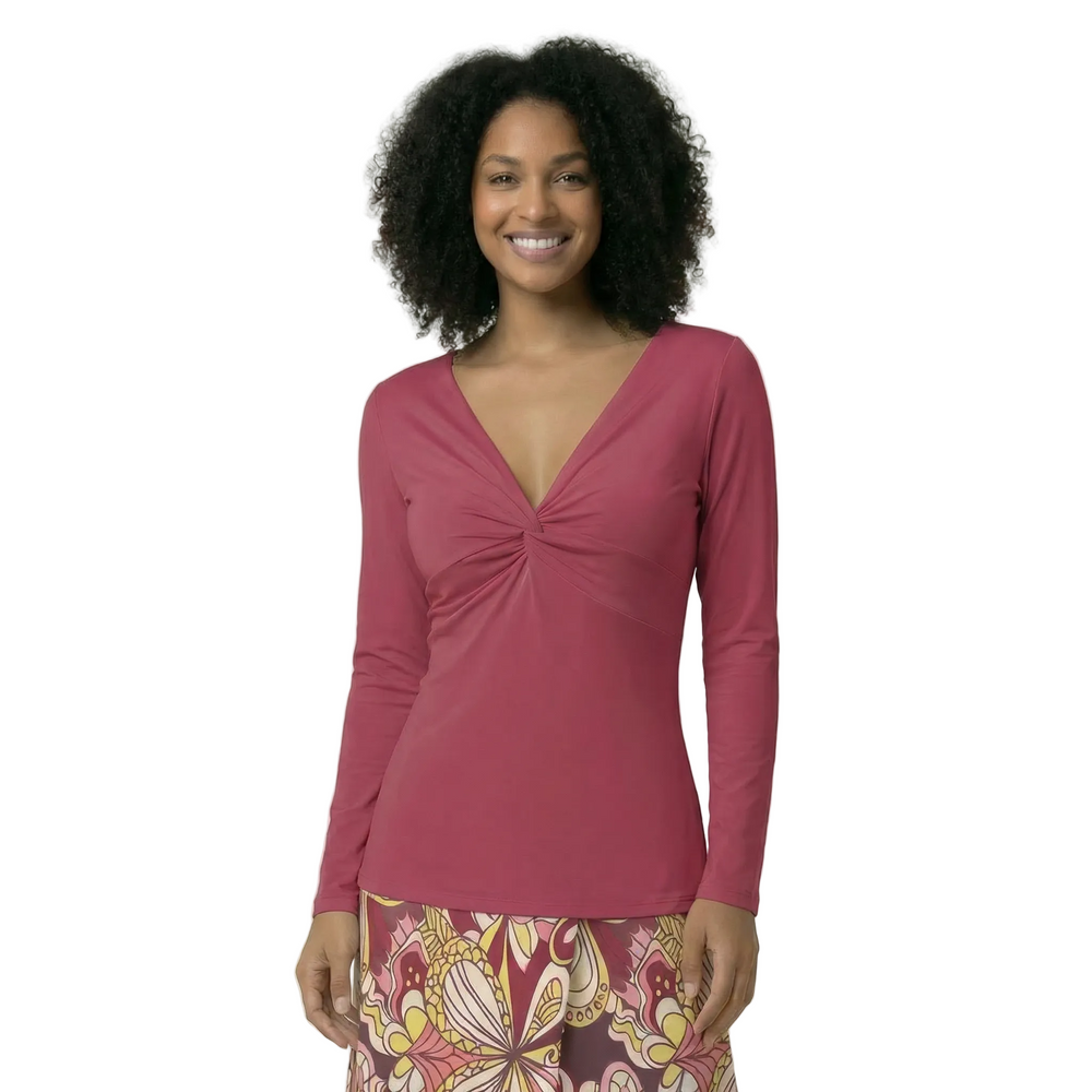 Romance Red long sleeve twisted knot V-neck slim fit top styled with Piki print psychedelic floral midi skirt — Piki Color Series by Blissfully Brand