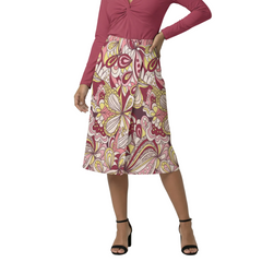 Piki print psychedelic retro floral A-line button midi skirt in burgundy, blush pink and buttercup yellow paired with Romance Red knot V-neck top — Piki Print Midi Skirt by Blissfully Brand