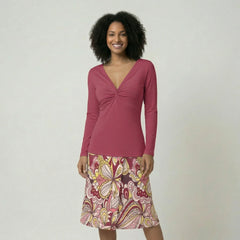 Piki Red Long Sleeve Knot Detail V-Neck Fitted Top