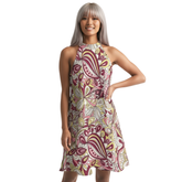 vibrant Pika print halter flare dress featuring a retro abstract boho floral pattern in maroon, pink, and yellow . Psychedelic statement bold dress - Blissfully Brand