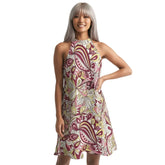 vibrant Pika print halter flare dress featuring a retro abstract boho floral pattern in maroon, pink, and yellow . Psychedelic statement bold dress - Blissfully Brand