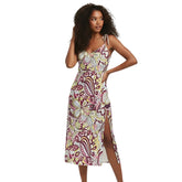 Colorful Pika print midi dress with paisley patterns, thin tie straps, side slit - Pyschedelic Retro Vibrant - Blissfully Brand
