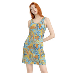 Pinsa Rib Knit V-Neck Mini Dress - Kaleidoscope Paisley Floral Retro Bold Vibrant Tank Dress Blue Orange Yellow Flower Power