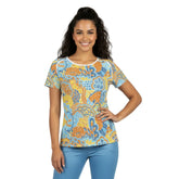 Pinsa Women's Crewneck Stretchy Tee - Paisley Psychedelic Floral Blue Orange & Yellow - Short Sleeve - Retro Flower Power Funky Bold Vibrant