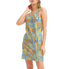 Pinsa Rib Knit V-Neck Mini Dress - Kaleidoscope Paisley Floral Retro Bold Vibrant Tank Dress Blue Orange Yellow Flower Power