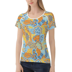 Pinsa Women's Crewneck Stretchy Tee - Paisley Psychedelic Floral Blue Orange & Yellow - Short Sleeve - Retro Flower Power Funky Bold Vibrant