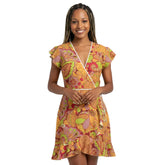 Popsica Flounce Hem Wrap Tea Dress - Abstract Paisley Print - Swirls - Red Orange - Retro Dress - Psychedelic - Handmade - 70's