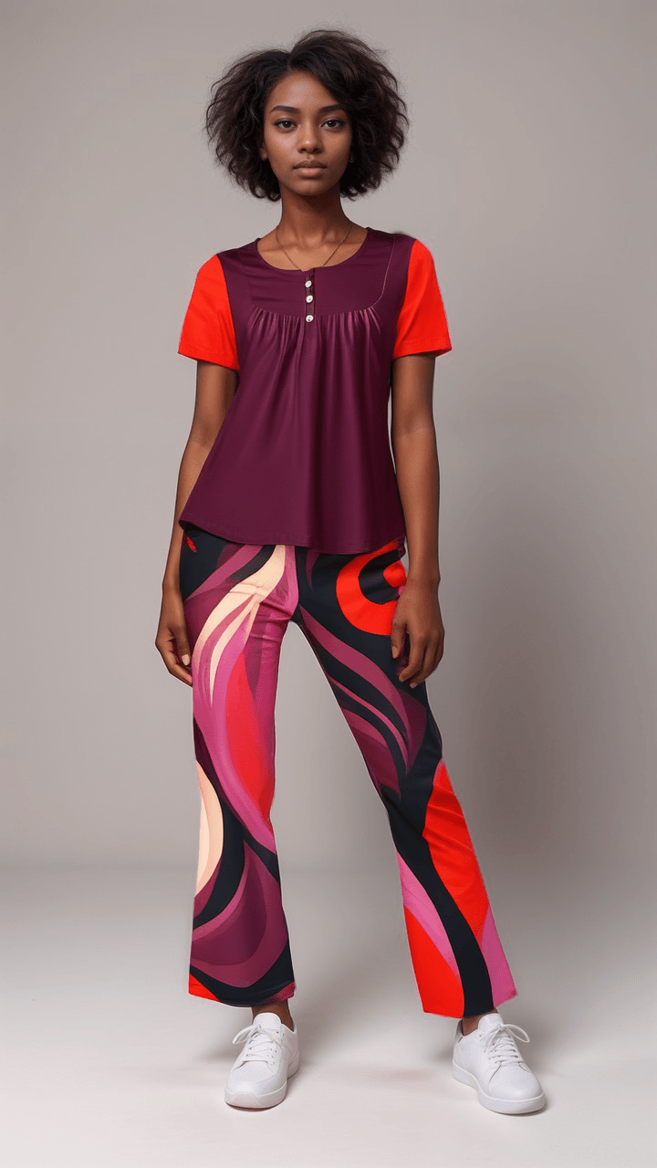 Colorful shimmer faced flare legging pants with bold retro abstract swirl design and coordinating solid two-tone top - Prague Airline Series - Blissfully Brand