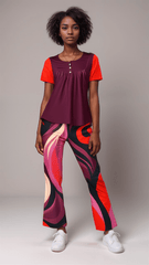 Colorful shimmer faced flare legging pants with bold retro abstract swirl design and coordinating solid two-tone top - Prague Airline Series - Blissfully Brand