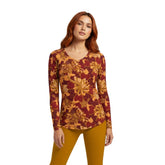 Renai print V-neck long sleeve tee with intricate gold and burgundy floral paisley pattern - Retro Chic - Psychedelic - Blissfully Brand