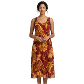 Midi Tank Top Dress Round Neck Crepe - Boho Retro Psychedelic Abstract Paisley Floral Print - Red Orange - Blissfully Brand