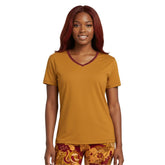 Renai V-neck Tee in Indochine Orange with Venetian Red trim, women’s short-sleeve top - Blissfully Brand
