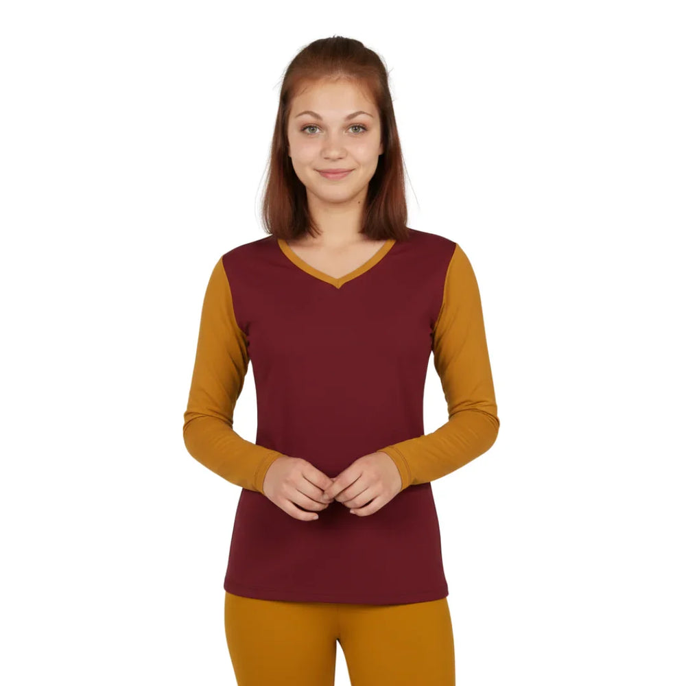 Renai Color Block Long Sleeve V-Neck Tee in Venetian Red with Oregon Red trim and sleeves, paired with matching pants for a coordinated look - Premiem Fabric - Color Block - Blissfully Brand