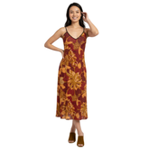 Midi Strap Dress V-neck Crepe - Boho Retro Psychedelic Abstract Paisley Floral Print - Red Orange - Plus Size - Blissfully Brand
