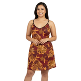 Mini Slip Dress V-neck Satin Crepe Silk - Boho Retro Psychedelic Abstract Paisley Floral Print - Red Orange