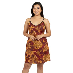 Mini Slip Dress V-neck Satin Crepe Silk - Boho Retro Psychedelic Abstract Paisley Floral Print - Red Orange