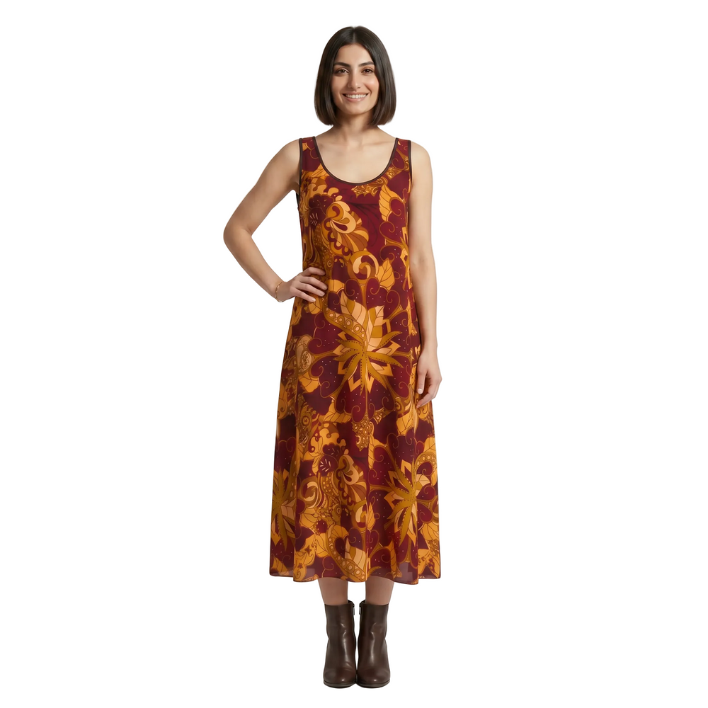 Renai Print Midi Tank Dress in deep burgundy and amber crepe — London Bliss Collection — Made to Order — Blissfully Brand