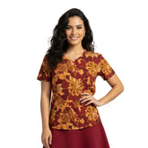 Renai pattern short-sleeve V-neck tee with autumnal floral paisley print in red and orange tones - Blissfully Brand